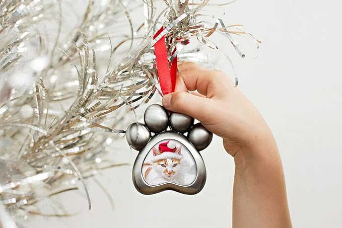 Pearhead Pawprint Photo Ornament, Dog or Cat Christmas Tree Decoration, Pet Memorial Keepsake Picture Frame, Classic Holiday Home Decor, Silver Metal