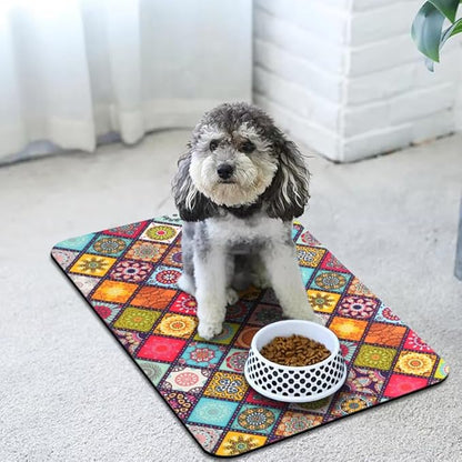 Dog Food Mats for Floors Waterproof, Pet Water Bowl Mats Pet Feeding Absorbent Placemats Bohemia 12 * 20 inch