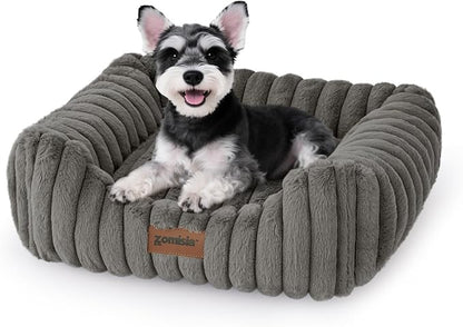 Small Dog Beds for Small Dogs - Washable Cat Beds for Indoor Cats, Rectangle Orthopedic Puppy Bed with Fluffy Removable Cover, 20x19x7inches, Grey