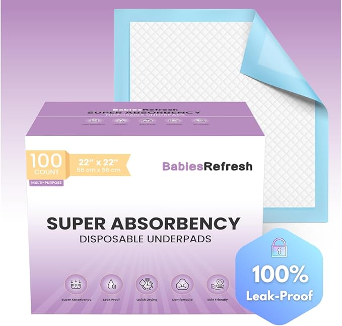 100 Count Super Absorbency Medium 22” x 22" Disposable Underpads, Leakproof Quick Drying for Multi-use for Babies, Puppy Pads and Adults, Potty Training Pads, Pet Pee Pads, Cat Pee Pads, Blue