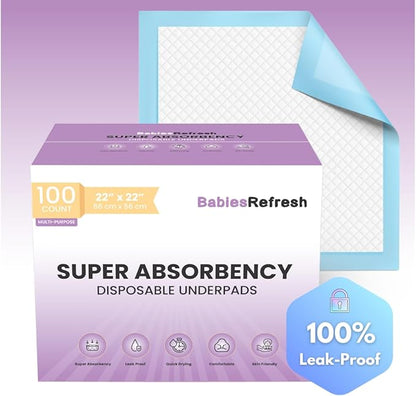 100 Count Super Absorbency Medium 22” x 22" Disposable Underpads, Leakproof Quick Drying for Multi-use for Babies, Puppy Pads and Adults, Potty Training Pads, Pet Pee Pads, Cat Pee Pads, Blue