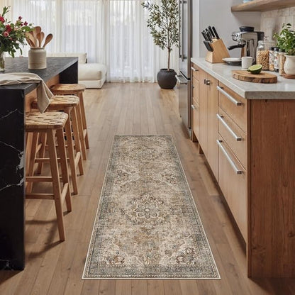 Brown Runner Rug 2x6 Washable Vintage Long Carpet Low Pile Traditional Distressed Retro Accent Indoor Hallway Throw Rug Non Slip for Kitchen Laundry Bathroom Dining Room
