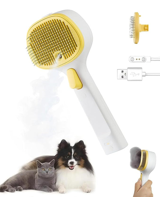 Cat Steam Brush for Cats & Dogs, Pet Steam Brush 3-in-1 with 2 Mist Modes, One-Touch Self Cleaning, Magnetic Safe Charging, Cat Hair Brush for Shedding, Dog Brush for Shedding, Yellow (Short Head)