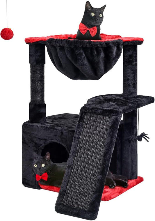 SYANDLVY Gothic Cat Tree for Indoor Cats Large Adult, Modern Activity Tower with Scratching Posts & Board, Condo with Plush Perch, Cradle & Hanging Ball & Spider for Play, Black