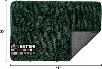 GORILLA GRIP SoakSTOPPER Dog Door Mat, 48x30 Machine Washable Rug Absorbent Doormat Captures Moisture Mud Dirt, Quick Dry Soft Chenille Entryway Rugs Indoor Entrance Mats for Dog Paws, Deep Green