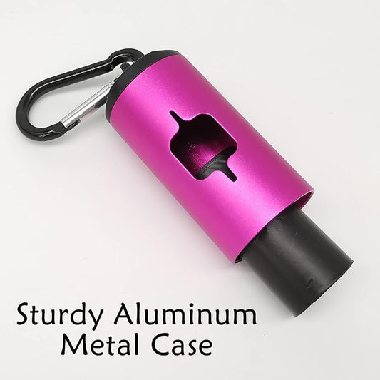 Aluminum Dog Poop Bags Holder with Carabiner Metal Pet Waste Bags Dispenser with Hook and Loop Fastener and Elastic Cord to Carry Used Bags (Pink)