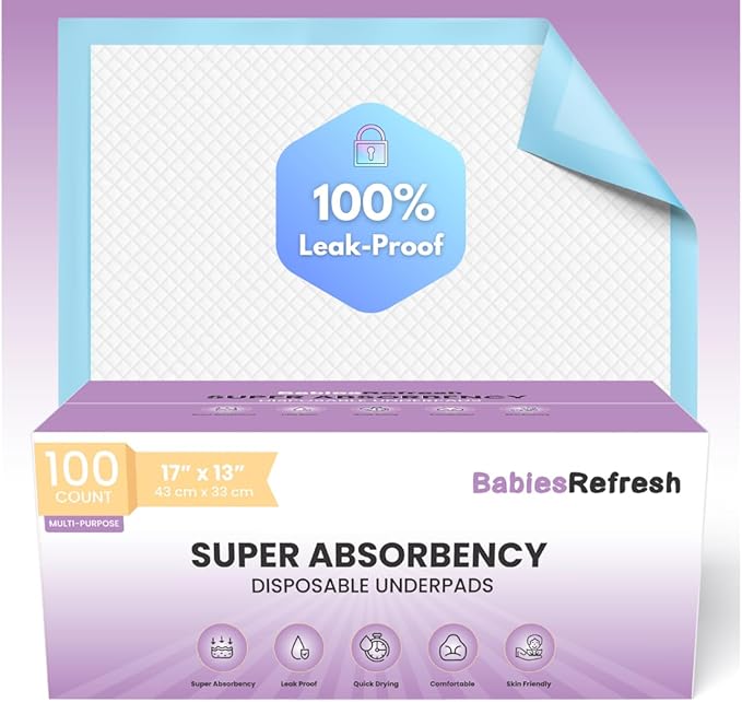 100 Count Super Absorbency Small 17” x 13” Disposable Underpads, Leakproof Quick Drying for Multi-use for Babies, Puppy Pads and Adults, Chucks, Disposable Diaper Changing Pad for Baby, Blue