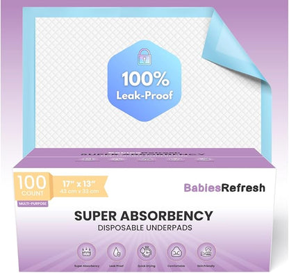 100 Count Super Absorbency Small 17” x 13” Disposable Underpads, Leakproof Quick Drying for Multi-use for Babies, Puppy Pads and Adults, Chucks, Disposable Diaper Changing Pad for Baby, Blue