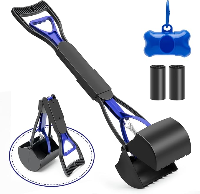 70cm Pet Pooper Scooper for Dogs and Cats with Long Handle High Strength Material and Durable Spring for Easy Grass and Gravel Pick Up(Blue)