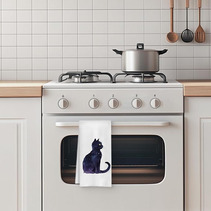Celestial Black Cat Kitchen Towels, Cat Lovers Mom Lady Gifts Hand Towels for Bathroom, Mystical Witchy Kitty Kitten Dish Tea Towels for Kitchen Decor, 16x24 Inch