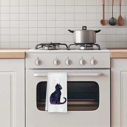 Celestial Black Cat Kitchen Towels, Cat Lovers Mom Lady Gifts Hand Towels for Bathroom, Mystical Witchy Kitty Kitten Dish Tea Towels for Kitchen Decor, 16x24 Inch