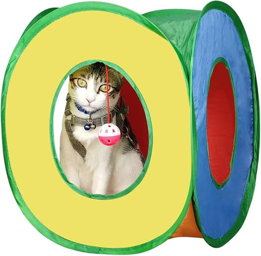Andiker Cat Tunnel, Foldable Square Colorful Kitten Pop Up Tent Matches with Most Cat Tubes Polyester Kitten Tent with a Bell Ball 3 Holes Kitten Tubes to Hide Play (Square S)