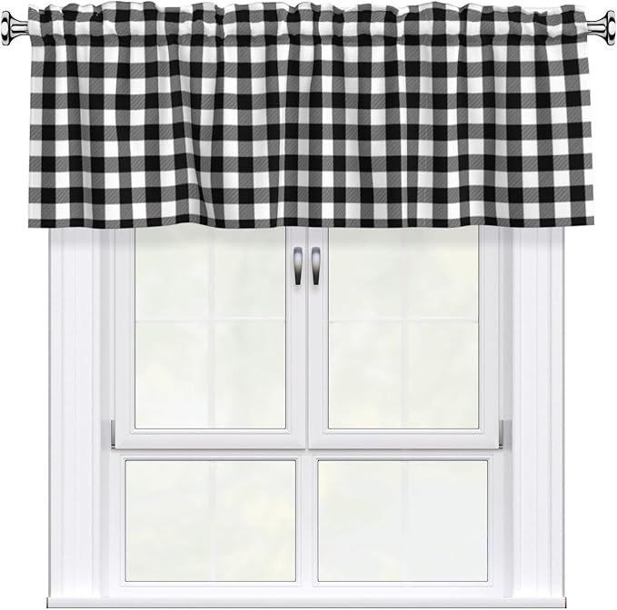 Black and White Checkerboard Curtain Valance Short Rod Pocket Window Treatment for Living Room Bedroom Kitchen Bathroom 1 Panel 54" W x 18" L