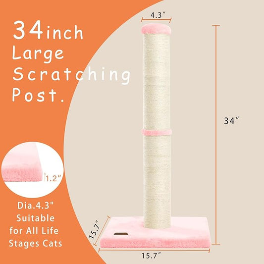Karolpar 34inch Cat Scratching Post with Natural Sisal Rope 4.3Inch Large Diameter Scratcher Post Tree for Indoor Cats Pink
