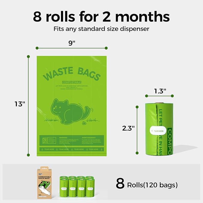 Compostable poop bags for dogs Extra 20% Thicker Biodegradable dog poop bags rolls Leak-proof,Lavender Scented Pet Waste Bags Made From Cornstarch(8 Rolls,120Bags)