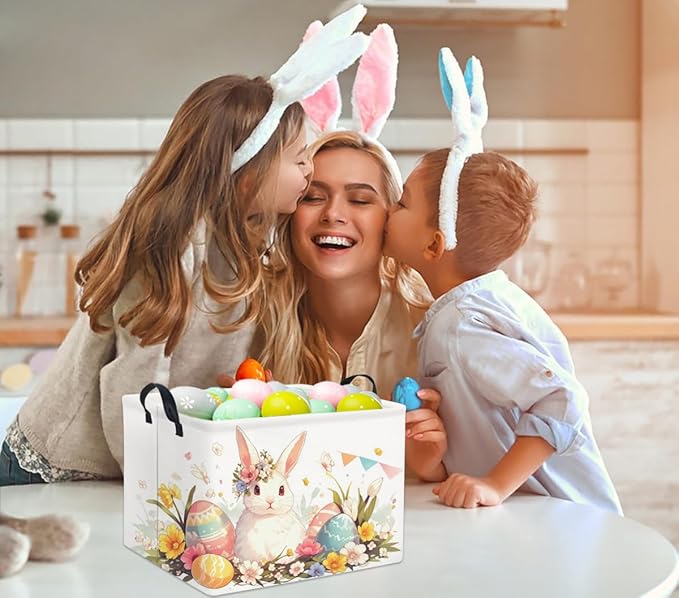 Rectangular Easter Kids Storage Gift & Toy Bin Organizer Shelf Book Basket Room Decor (Flag Easter Bunny)