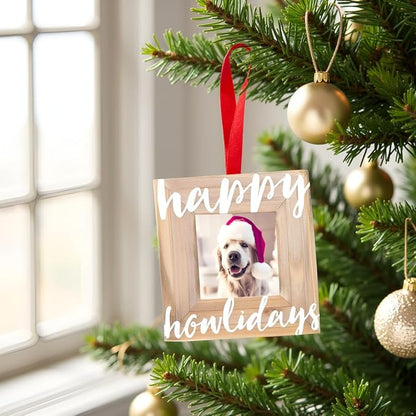 Pearhead Happy Howlidays Wooden Christmas Photo Ornament, Rustic Dog Picture Frame Christmas Tree Keepsake