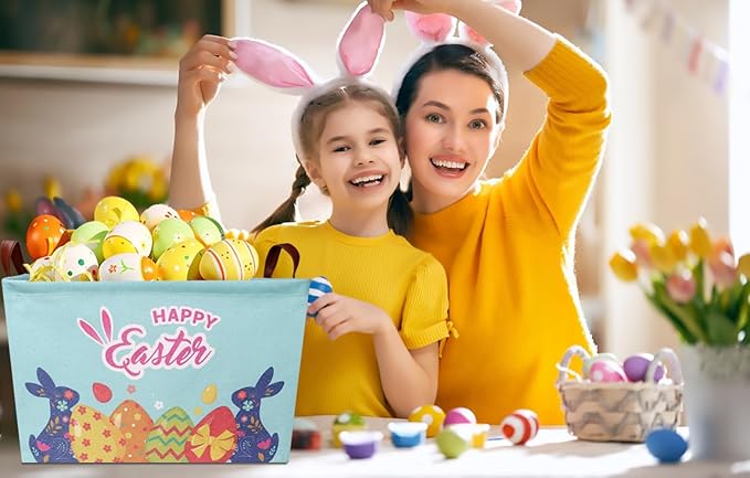 CLOCOR Rectangular Blue Easter Egg Gift Basket Empty,Waterproof Storage Basket with Handles,Room Decor(Blue Easter Bunny)