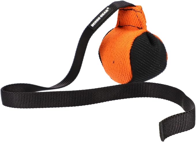 Dingo Gear French Linen Ball for Dog Training, as Reward for Fetch tug of war, with Long Handle, Handmade, Orange-Black S02814