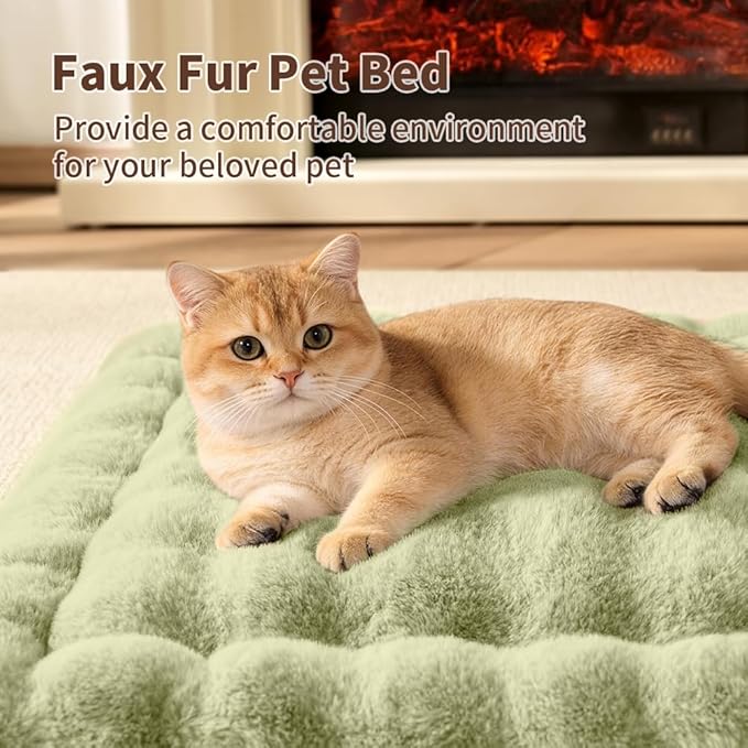 Cat Bed Mat, Soft Plush Faux Fur Kneading Pet Bed, Machine Washable Cat Sleeping Pad for Indoor Cats & Kittens, Non-Slip Fluffy Cat Rug for Couch Sofa Floor, 23x15 Inch Green