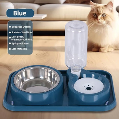 Dog Bowls, Non-Slip Puppy Cat Food and Water Bowl Set with Water Dispenser and Stainless Steel Bowl Detachable Gravity Pet Feeder and Waterer Set for Dogs (Blue, 1000ML)