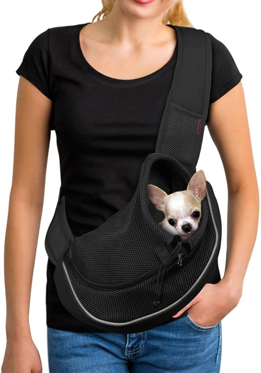 YUDODO Pet Sling Carrier for 5-9 lbs Small Dogs & Cats – Hands-Free Puppy Carrier with Safety Hook, Large Zipper Pocket, Soft Breathable Mesh, Adjustable Strap & Reflective Strip (Black 2.0 M)