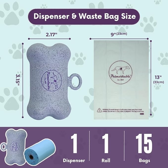 Complete Earth-Conscious Dog Waste Kit: Wheat Straw Waste Bag Dispenser with one corn starch 15-bag waste bag roll, Carabiner, Elastic Band for Secure Leash Attachment, Leak-Proof (Blue)