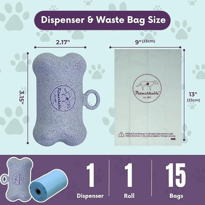 Complete Earth-Conscious Dog Waste Kit: Wheat Straw Waste Bag Dispenser with one corn starch 15-bag waste bag roll, Carabiner, Elastic Band for Secure Leash Attachment, Leak-Proof (Blue)