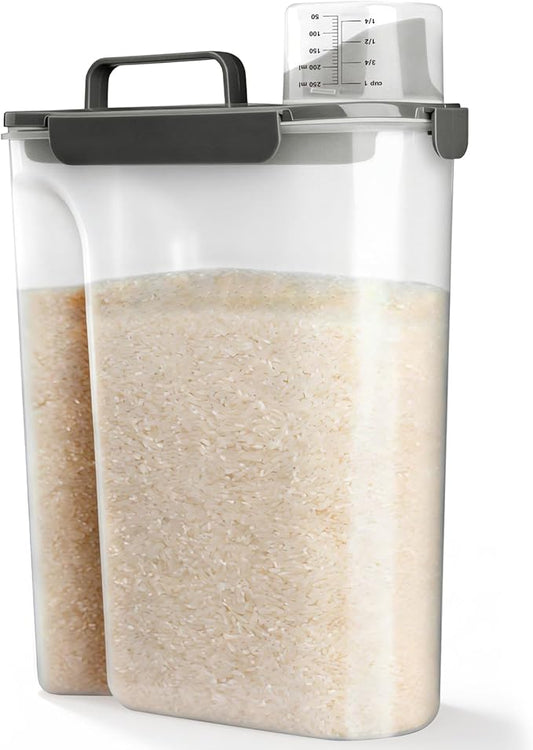 Rice Storage Container, 10 to 20lb Dry Food Airtight Dispenser, Pet Dog Cat Food Canister, BPA Free Clear Plastic Kitchen and Pantry Organization Bin for Oatmeal, Cereal, Pasta, Flour Grey