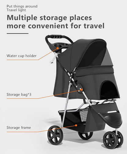 OS MOTOR Pet Stroller with 3 Wheels for Small/Medium Pets, Portable Travel Foldable Carrier Jogger for Dog Cat Puppy Kitty, Rear Wheel Breaks, Storage Basket, Visible Mesh with Weather Cover (Black)