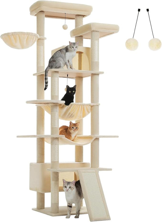 MUTTROS 81" Heavy Duty Cat Tree for Large Cats up to 20lbs - Extra Tall Cat Tower with Metal Frame Hammock, 6 Sisal Scratching Posts, 2 Perches - Indoor Cat Furniture for Maine Coon, Big Cats, Beige