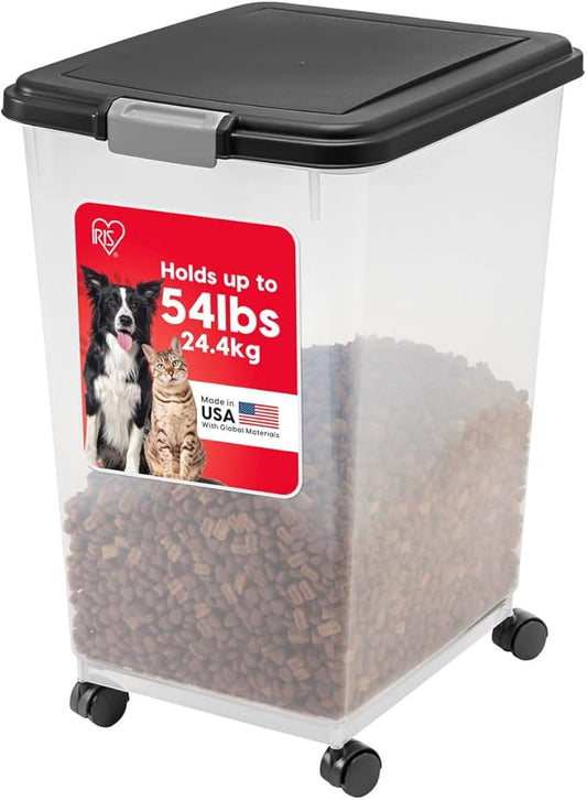 IRIS USA Airtight Dog Food Storage Container, Up to 54 lbs, Attachable Wheels, For Dog Cat Bird and Other Pet Food Storage Bin, Keep Fresh, Translucent Body, Easy Mobility, Black