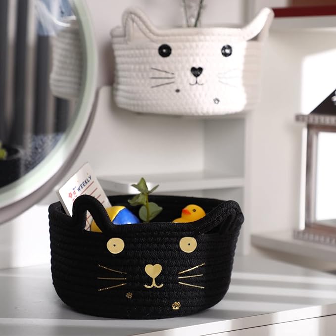Zopeal Cat Basket Storage Woven Organizer with Ears Easter Decorative Pet Toy Cute Cotton Rope Basket for Gift Cat Dog Toy Bin Nursery Room(8.3 x 4.7 Inch,Black)