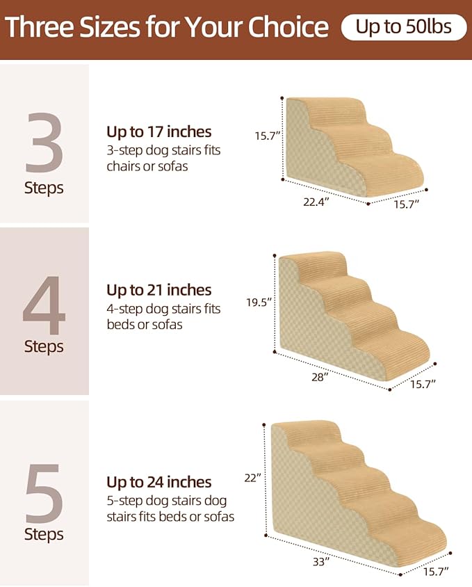 Dog Stairs Ramp for Couch 15.7”H, 3-Step Pet Stairs for Small Dogs with High Density Foam, Dog Slope Stairs with Durable Non-Slip Bottom for Puppy Khaki