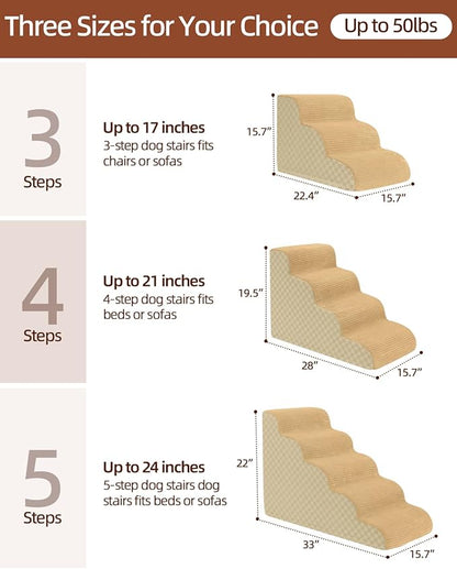 Dog Stairs Ramp for Couch 15.7”H, 3-Step Pet Stairs for Small Dogs with High Density Foam, Dog Slope Stairs with Durable Non-Slip Bottom for Puppy Khaki