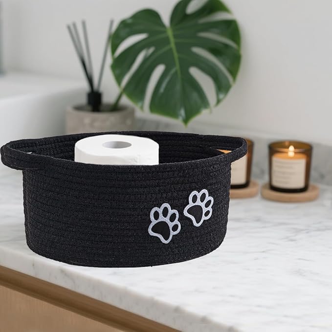 Small Woven Cotton Rope Nursery Organizer Bins, Dog Toy Basket Bins with Handle, Cute Empty Baby Gift Storage Baskets with Paw