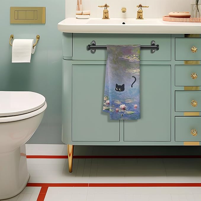 Black Cat Kitchen Towels - Quick-Dry Decorative Hand Towel for Art Enthusiasts & Cat Lovers | Vintage Masterpiece Water Lilies Dish Towels for Whimsical Home Accent,Unique Christmas Home Decorations