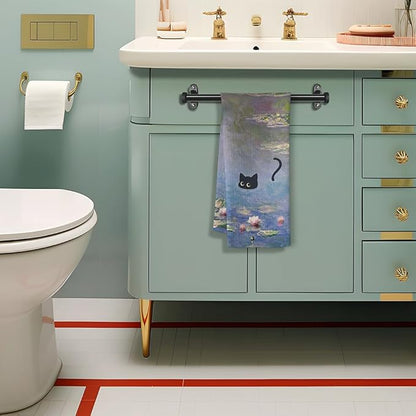 Black Cat Kitchen Towels - Quick-Dry Decorative Hand Towel for Art Enthusiasts & Cat Lovers | Vintage Masterpiece Water Lilies Dish Towels for Whimsical Home Accent,Unique Christmas Home Decorations