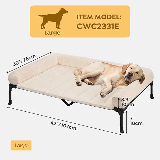 Veehoo Orthopedic Elevated Dog Bed with Fluffy Plush Bolster Cushion, Indoor Raised Dog Beds for Large Dogs, Soft Pet Sofa Cot with Removable Washable Mat, No-Slip Feet, 42 x 30 inches, Cream White