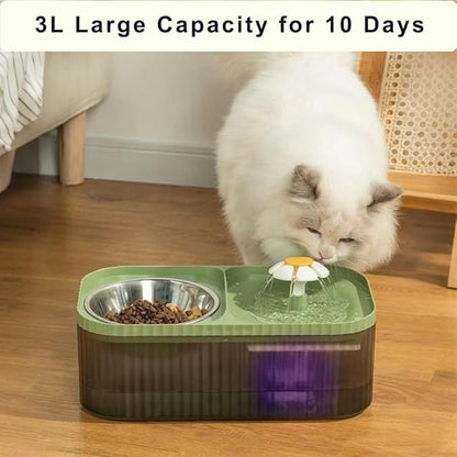 Marchul Cat Water Fountain and Stainless Steel Food Bowl, 100oz/3L Super Quiet Automatic Pet Water Dispenser with Smart Pump and 3 Replacement Filters for Cats and Small Dogs, Green