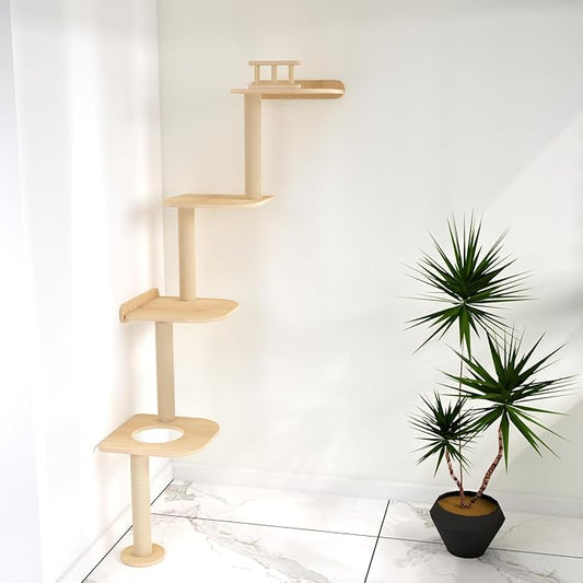 Wall-Mounted Tall Cat Tree Cat Scratching Post, Space Saving Floor to Ceiling Cat Tower, Natural Wood Cat Wall Shelves, Corner cat Jumping Platform cat Bed,Suitable for Large Cats