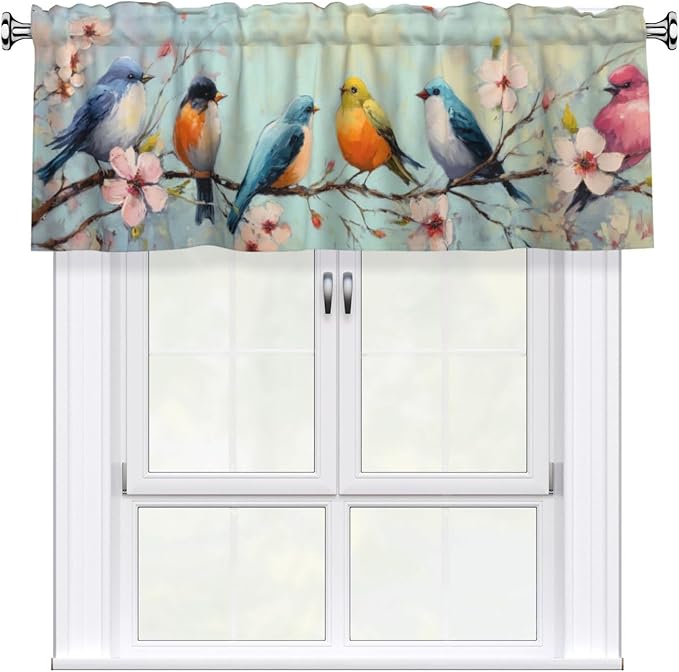 Spring Floral Bird Curtain Valance Short Rod Pocket Window Treatment for Living Room Bedroom Kitchen Bathroom 1 Panel 54" W x 18" L