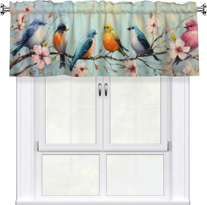 Spring Floral Bird Curtain Valance Short Rod Pocket Window Treatment for Living Room Bedroom Kitchen Bathroom 1 Panel 54" W x 18" L