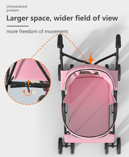 OS MOTOR Pet Stroller with 4 Wheels for Small/Medium Pets, Portable Travel Foldable Carrier Jogger for Dog Cat Puppy Kitty, Rear Wheel Breaks, Storage Basket, Visible Mesh with Weather Cover (Pink)