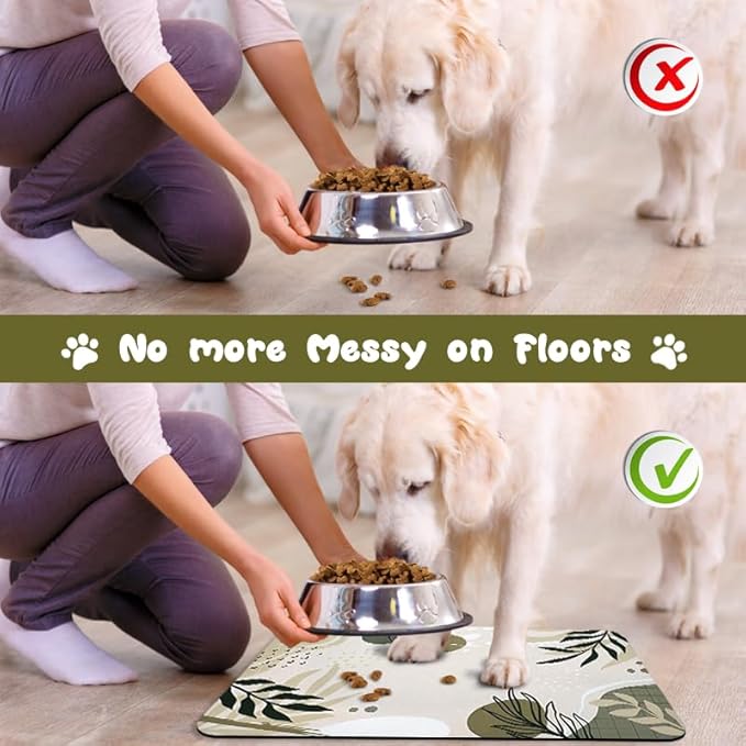 Dog Food Mats for Floors Waterproof, Dog Cat Water Bowl Mats Pet Feeding Absorbent Mat Dog Cat Pet Placemats for Food and Water Bohemia Tropical Leaves 16 * 24 inch