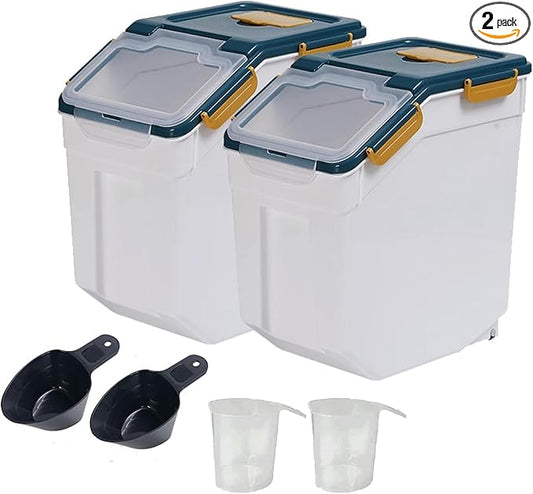 AnRui Airtight Flour Storage Container 25lb, Plastic Grain Storage Bucket, Rice Cereal Dispenser Organizer Box with Lid, Cat Dog Food Storage Bin with Measuring Cup, Scoop, Wheels, 2Pcs Blue