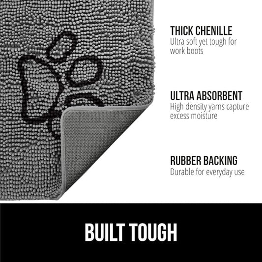 GORILLA GRIP SoakSTOPPER Dog Door Mat, 36x24 Machine Washable Rug Absorbent Doormat Captures Moisture Mud Dirt, Quick Dry Soft Chenille Entryway Rugs Indoor Entrance Mats for Dog Paws, Paw Grey