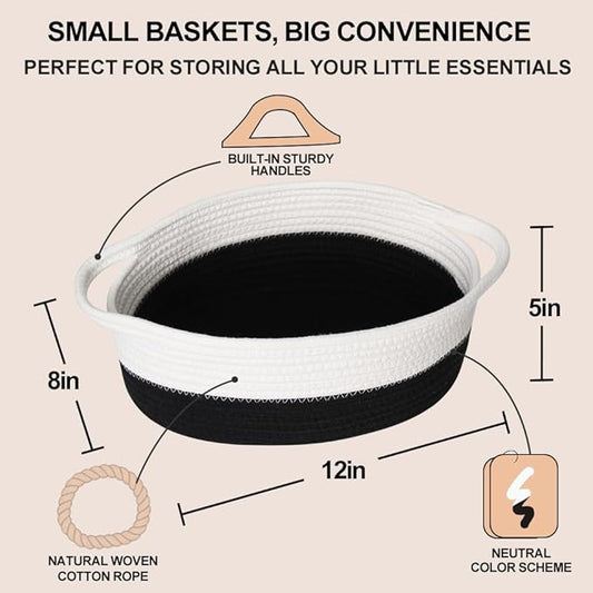 Woven Cotton Rope Gift Basket, Small Baskets for Gifts Empty, Cute Baby Nursery Basket, Pet Toy Storage Bin for Dog Cat, Decorative Wicker Home Organizer with Handles, 12"x 8"x 5", Black