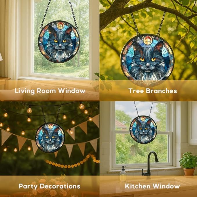 Stained Glass Window Hanging， Wizard Cat 6.3in Sun Catchers Indoor Window， Core Decor Inside and Outside The Cottage， Whimsical Feline Decor， Gifts for Women