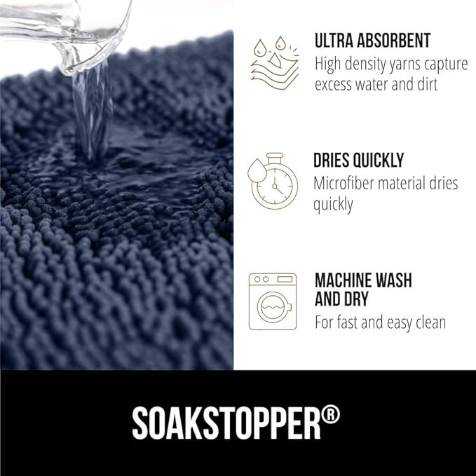 GORILLA GRIP SoakSTOPPER Dog Door Mat, 60x36 Machine Washable Rug Absorbent Doormat Captures Moisture Mud Dirt, Quick Dry Soft Chenille Entryway Rugs Indoor Entrance Mats for Dog Paws, Navy Blue